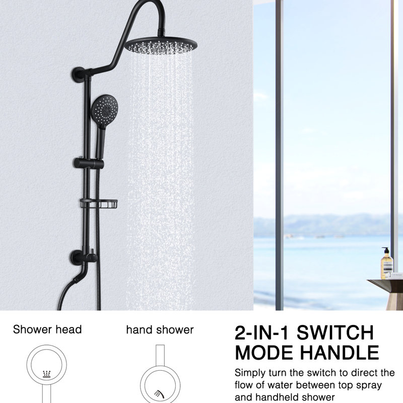 Grande pomme de douche 10 po avec douchette à pluie et glissière noire matte
