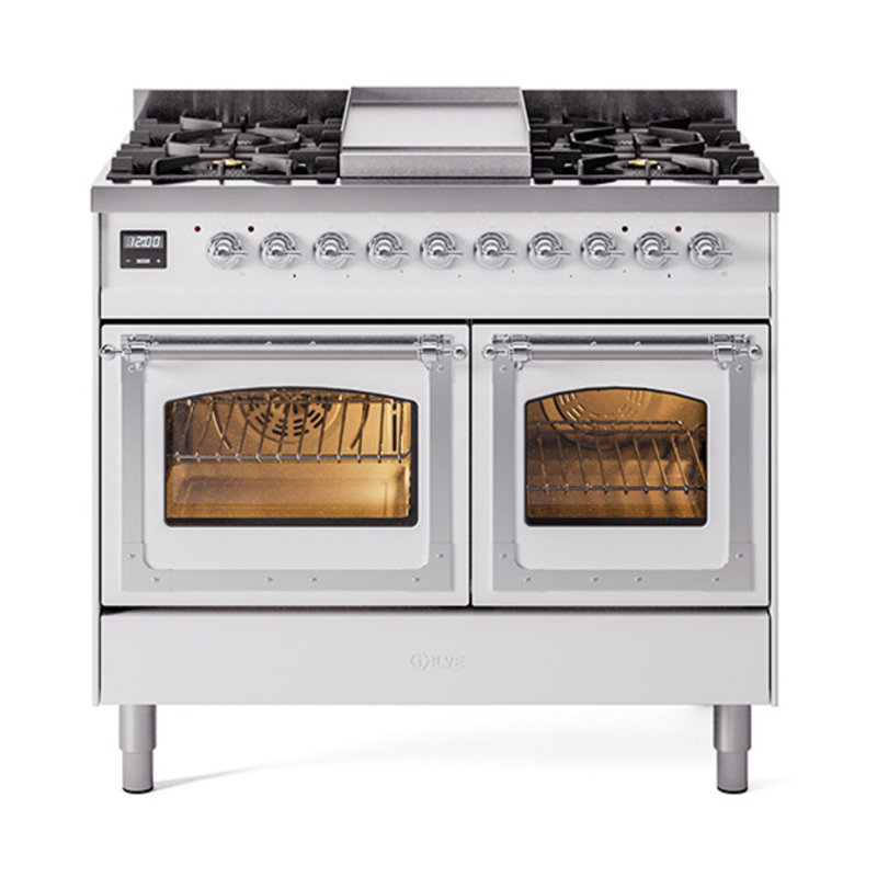 ILVE Nostalgie II Series Noblesse 40 inch Dual Fuel Range with 6 Sealed Burners, Griddle (Glass Door), White/Chrome
