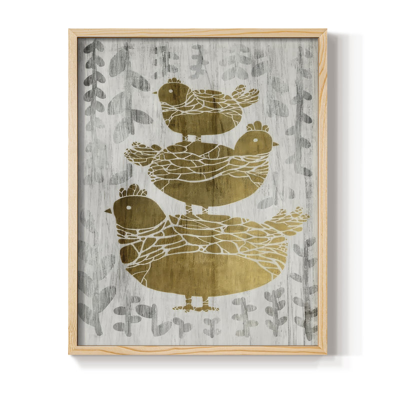 Three French Hens - Gold Leaf Holiday, reproduction encadrée - bois massif, Naturel, H 30 po x l 24 po