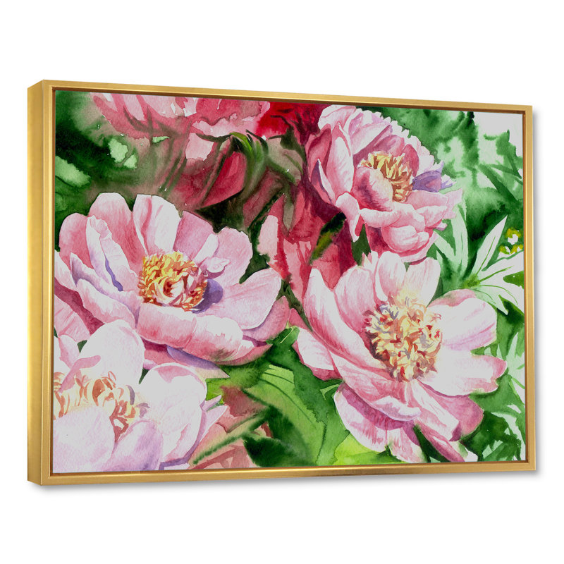 Aquarelle, pivoines roses, reproduction sur toile flottante, H 24 po x l 36 po x P 1 po, Cadre flottant doré