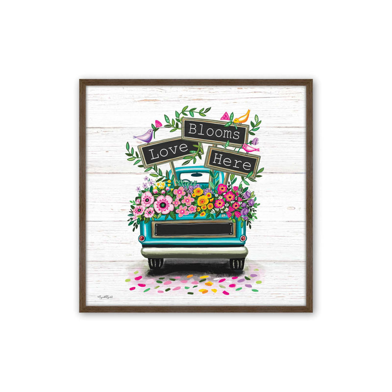 «Love Blooms Here Truck» par Elizabeth Tyndall, reproduction d'art, L 20 po x H 20 po, Brun, Impression encadrée