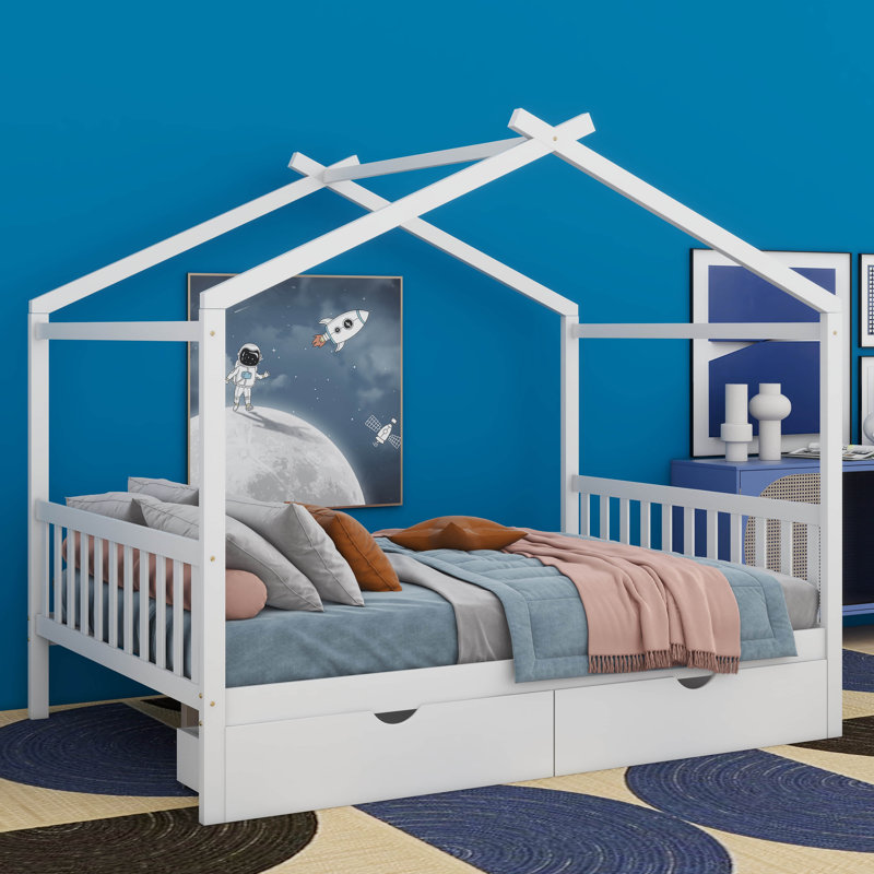 Armie Full Size House Platform Bed with Two Drawers, White