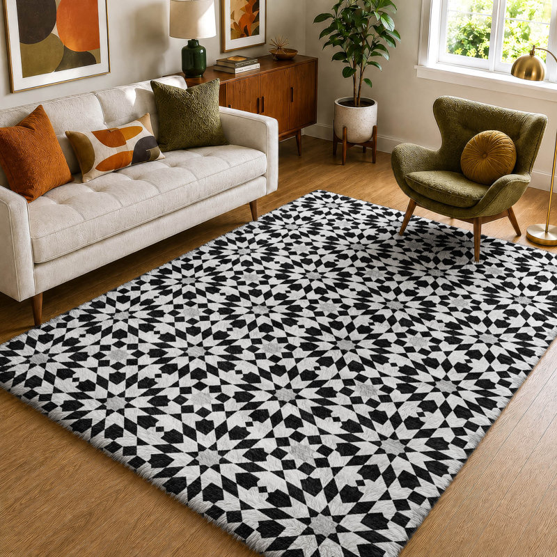 Washable Geometric Indoor Rug, Noir, 3 pi x 5 pi