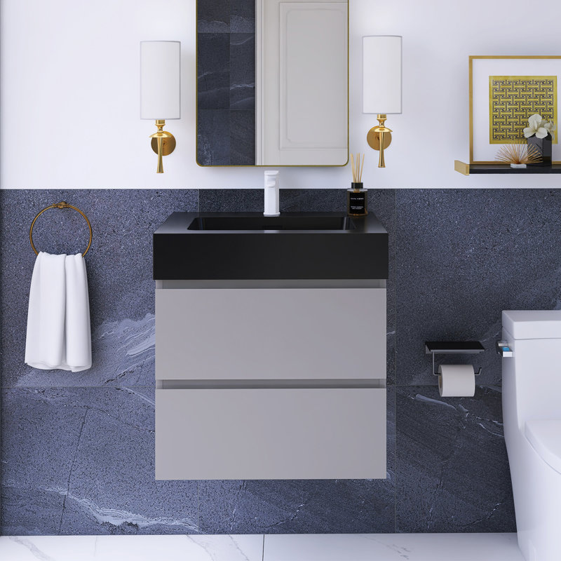 24 po Meuble-lavabo mural à simple cuve W, Noir, noir, noir, noir, Gris