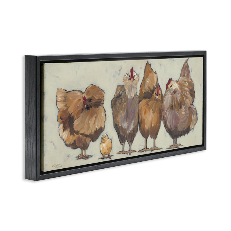 "Brown Hens and Chick", art mural encadré flottant par Michele Norman, Cadre flottant noir de jais, H 11 po x l 25 po