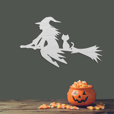 Flying Witch Metal Wall Art - Halloween Fantasy Decor - Witch Silhouette Broom Design - Gothic Style Wall Hanging - Modern Industrial Metal Sculpture - Seasonal Home Decoration - Bold Statement Art Piece
