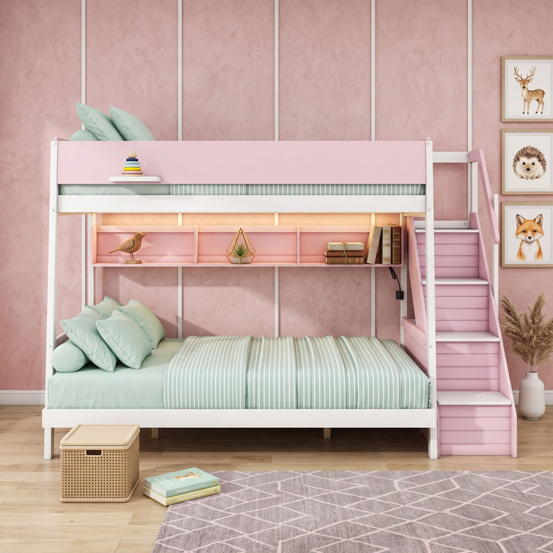 Lit superposé en bois avec escalier de rangement et éclairage DEL, Jumeaux sur complet, Rose