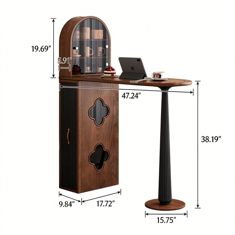 Table de bar américaine de style Mid-Century avec armoire de rangement, fini noyer, découpe en forme de pétale et pied central, 120 cm