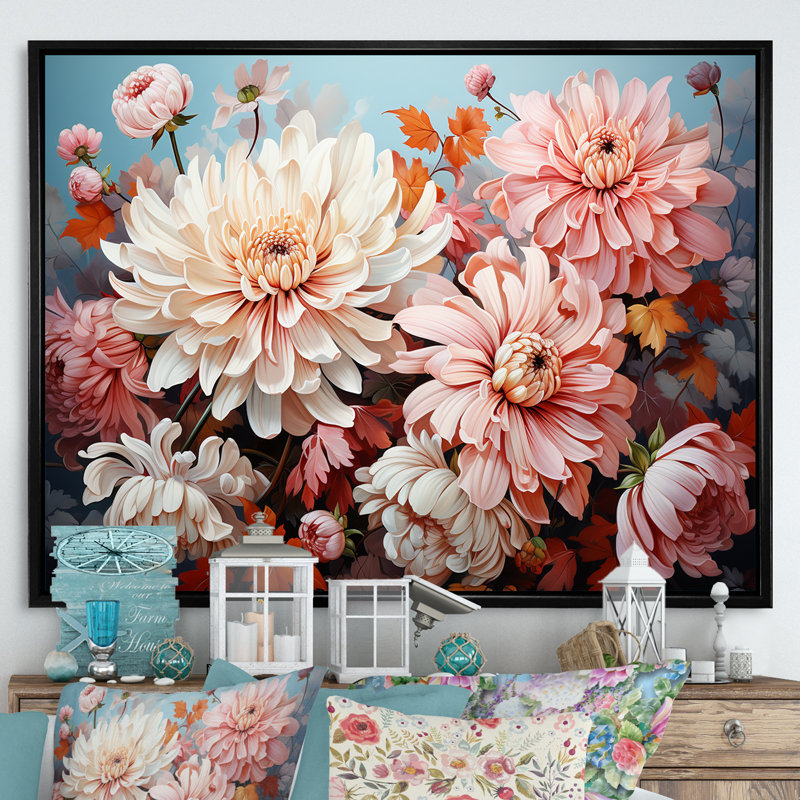 Chrysanthèmes - collage rose et blanc - impression, H 34 po x l 44 po x P 1,5 po, Cadre flottant noir