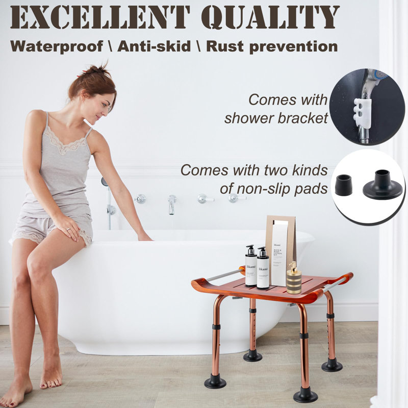 Teak Shower Bench With Handles, Shower Chair For Inside Shower, Height Adjustable Stool, Attached Shower Head Holder Skid Pad