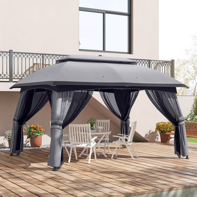 Outsunny 10' X 13' Patio Gazebo, Outdoor Gazebo Canopy Shelter With Netting, Vented Roof, Steel Frame For Garden, Lawn, Backyard, And Deck, Dark Gray