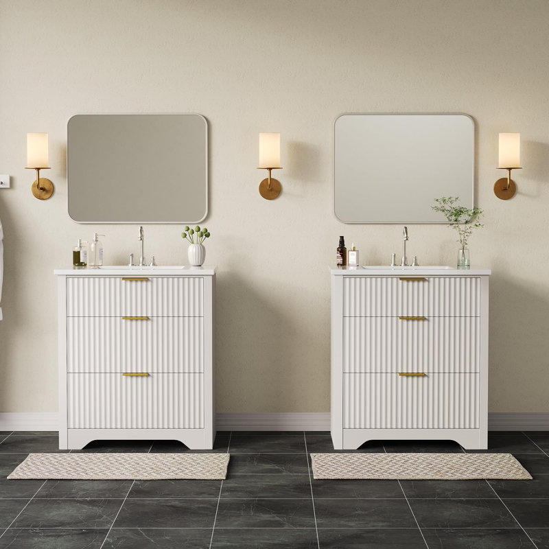 Meuble-lavabo moderne avec lavabo en céramique blanche, panneau en bois à texture ondulée, tiroirs rabattables et profonds