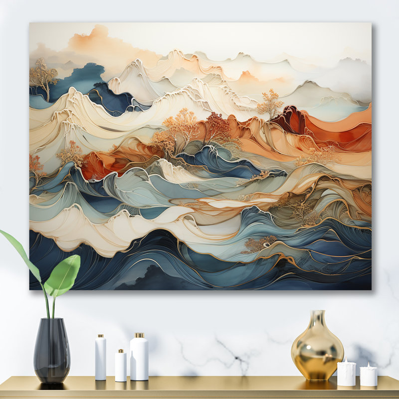 Abstract Orange And Blue River Ink III - Abstract Marble Canvas Art, 34" H x 44" W, Wrapped Canvas, No Frame