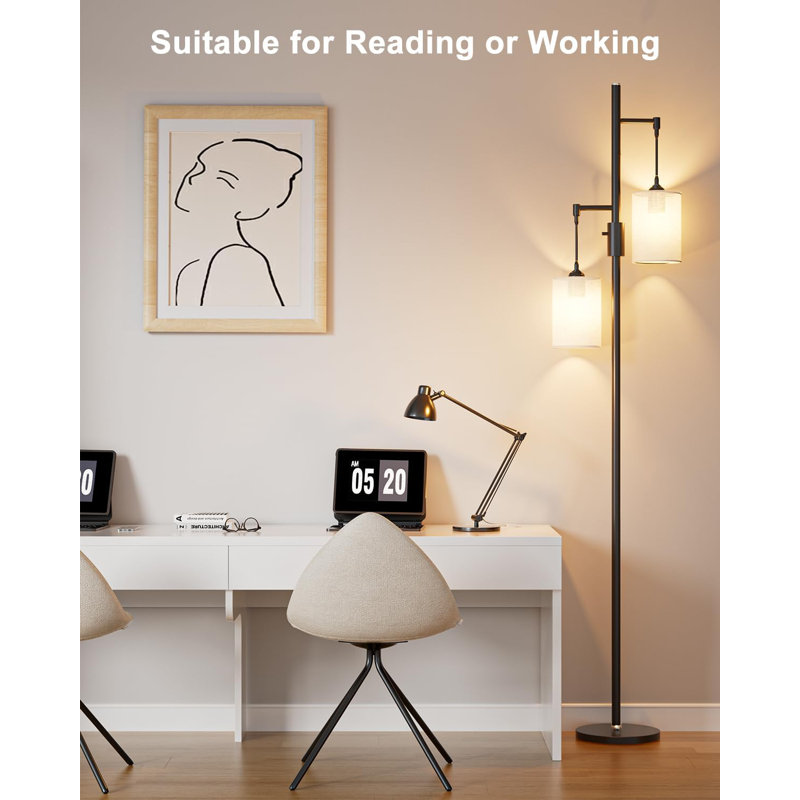 Hermantown 65" Mid Century Dimmable Tree Floor Lamp With Fabric Shades & 3000K LED Bulbs, Black For Living Room