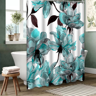 Blue Gray Watercolor Roses Floral Shower Curtain with 12 Hooks