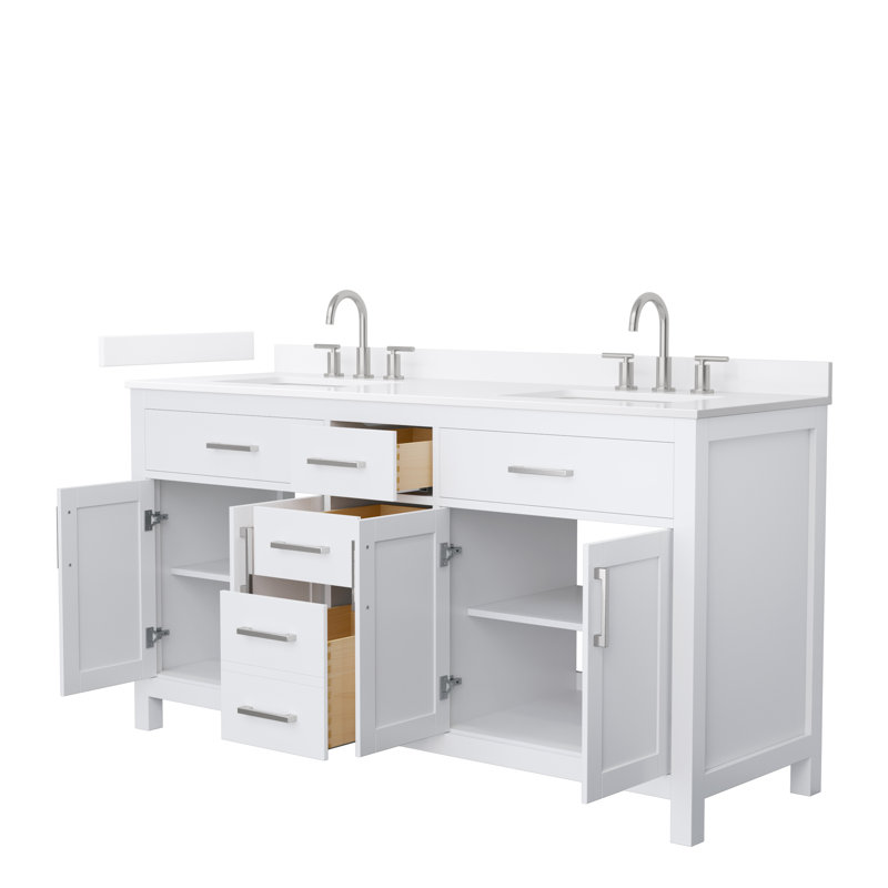 Beckett 66" Freestanding Double Bathroom Vanity with Quartz Top, White Quartz, Brushed Nickel, White