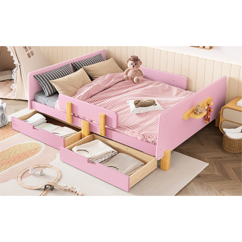 Pink Full Size Platform Bed With Solid Wood Frame, Storage, Guardrail, And Side Shelf For Bedroom's Contemporary Practical Look Rail, Harmonious Style Function
