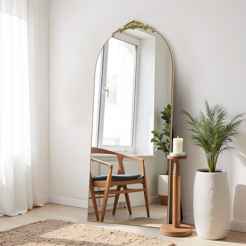 Large Arched Rectangle Wood Framed Full-Length Mirror with Stand Bathroom Vanity Mirror, 67" x 39", Gold
