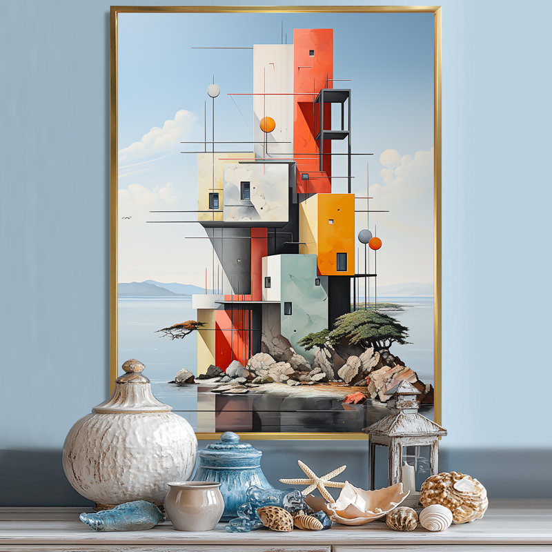 «Ocean De Stijl Lansdcape» sur toile, Cadre flottant doré, H 32 po x l 24 po x P 1 po