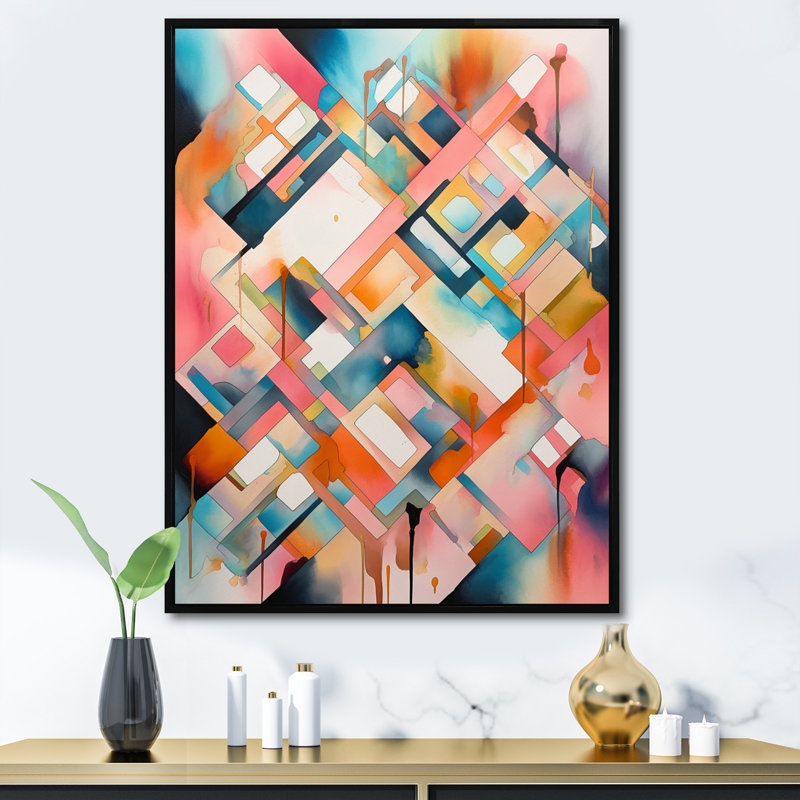 Dominica, rose et bleu symétrique en mouvement, H 32 po x l 24 po x P 1 po, Cadre flottant noir