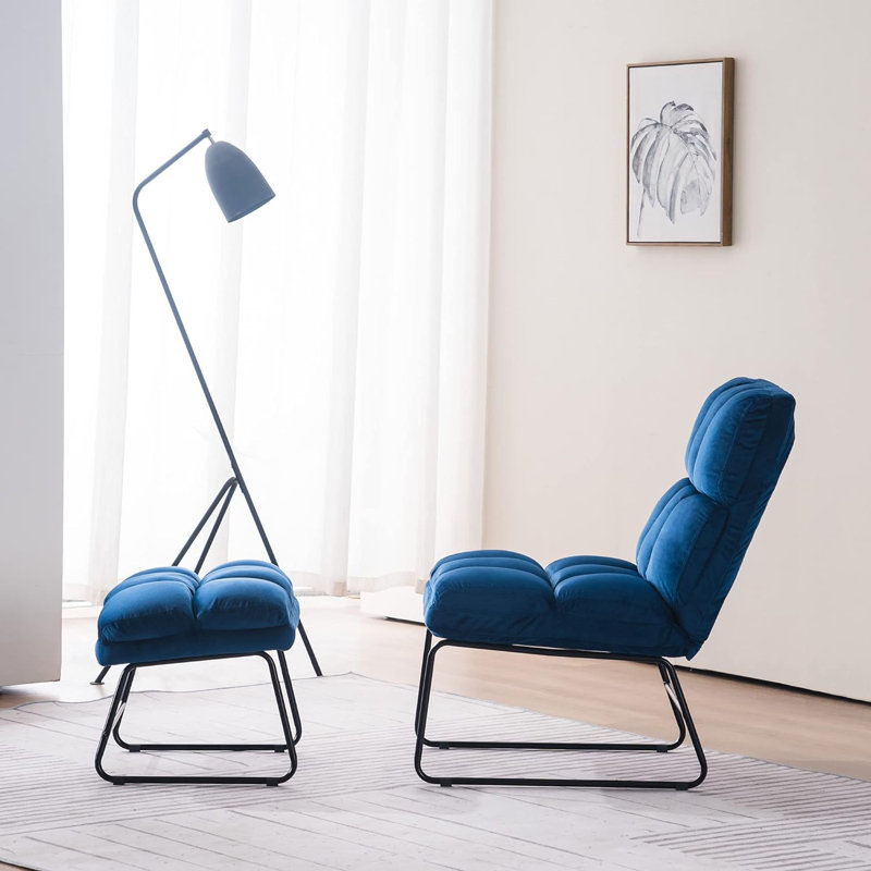 Varrian 2 Set Accent Chair with Ottoman, Velvet Modern Metal Legs, Club Chair Lounge Sofa Couch, Blue Velvet