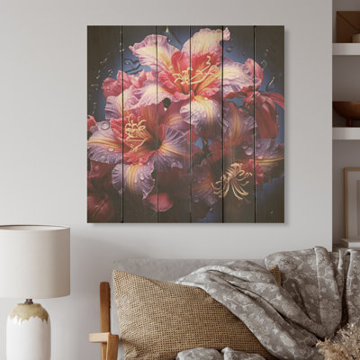 Tropical Beauty Hibiscus Flowers Dreams - Hibiscus Wood Art On Natural Pine Wood