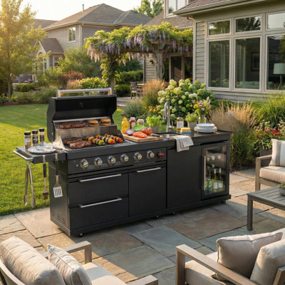 Norlen 84-Inch 5-Burner 75300 BTU SS304 SS304 Stainless Steel Gas Outdoor Kitchen Island Grill with Sink, Wine Cooler, Granite Countertop & Rotisserie Kit