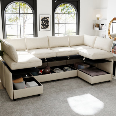 Chaise Longue Couch For Small Spaces, Mid Century Modern Design, Beige Chenille Modular With Storage Under Seat, Comfortable High - Density Sponge And Pocket Spring Cushions, Can Be Assembled In