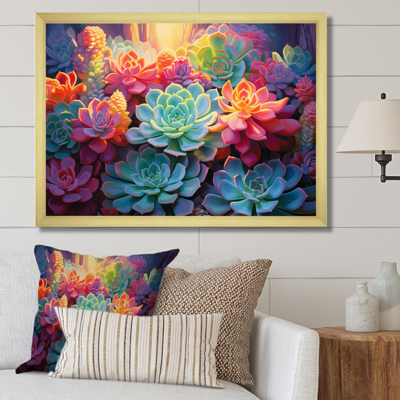 " Colourful Succulents Succulent Twilight ", 24" H x 32" W x 1" D, Gold Picture Framed