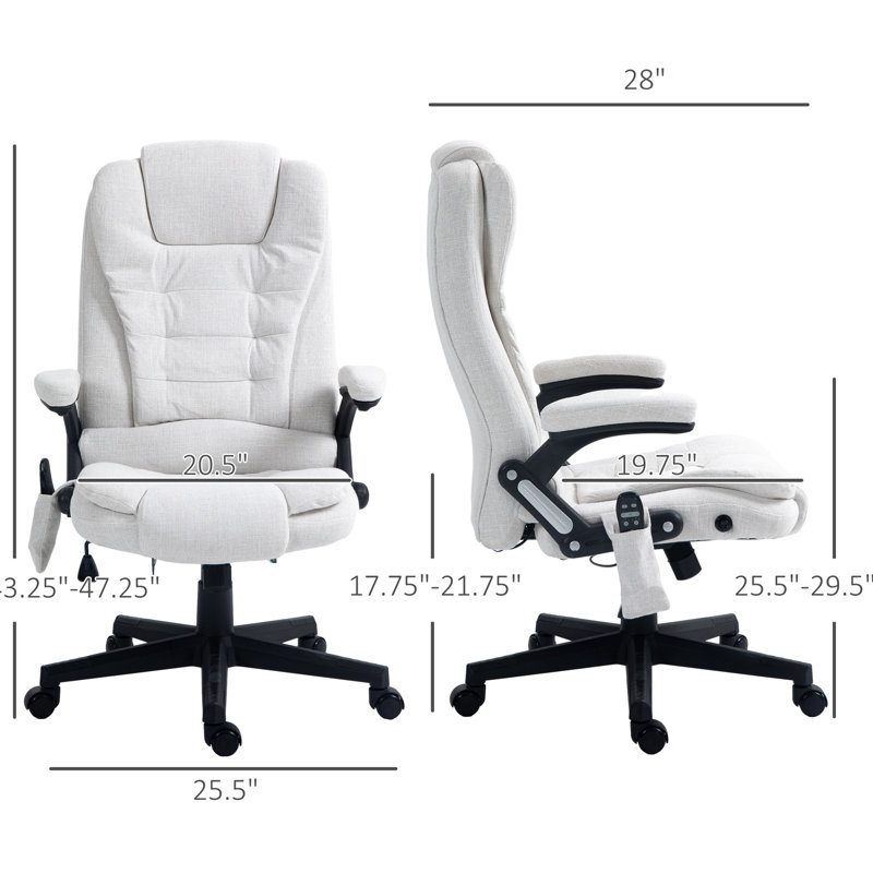 Chaise de bureau blanc crème. Massage vibrant 6 points avec chaleur. Inclinable. Rembourré. Siège réglable de 17,75 po à 21,75 po. Fauteuil sans limites. Blanc crème. Fonction de chauffage. Illimité