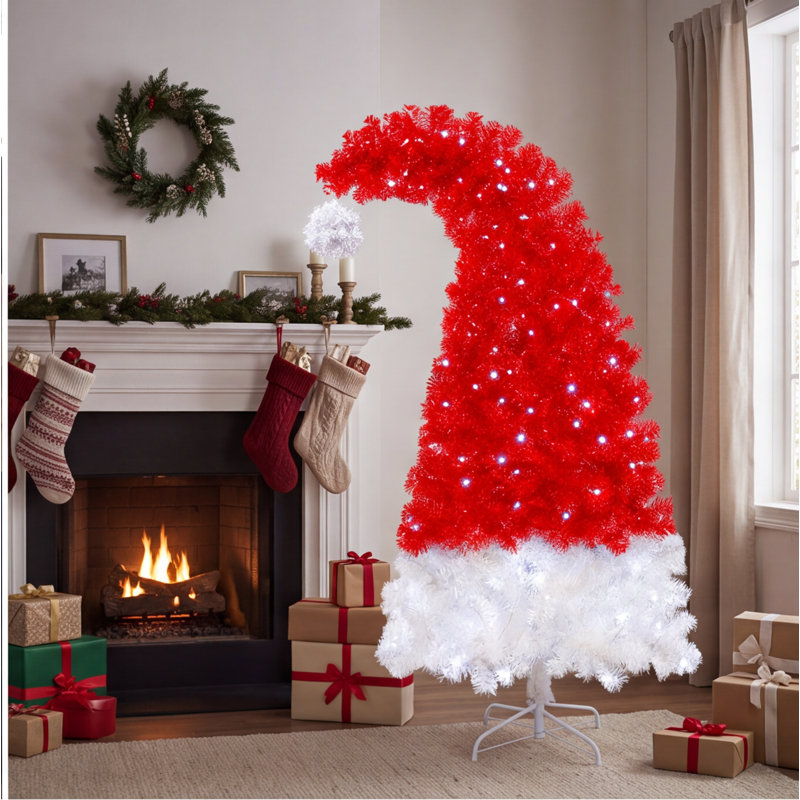 Arbre de Noël chapeau de père Noël 6 pi, arbre artificiel pré-éclairé avec 1050 pointes rouges et blanches et 300 lumières à DEL blanc froid, forme de chapeau courbé, décoration intérieure des Fêtes