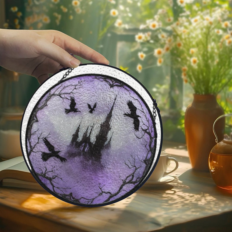 Silhouette de château gothique avec corbeaux et panneaux de vitrail nu Suncatcher pour décor de fenêtre