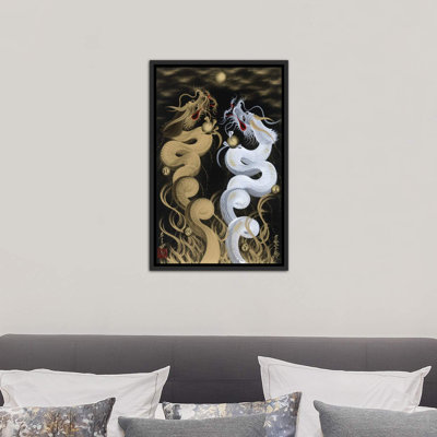 " Flying Twin Dragons White & Gold " by One-Stroke Dragon