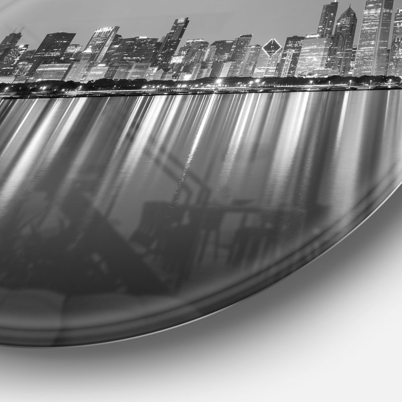 «Chicago Skyline at Night Black and White» - reproduction de photo, Métal métal, H 23 po x l 23 po
