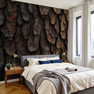 Peel and Stick Wallpaper 96" W x 69" H Modern Self Adhesive Wall Mural for Bedroom Tree Bark Texture Dark Brown Gray Natural Wood Surface