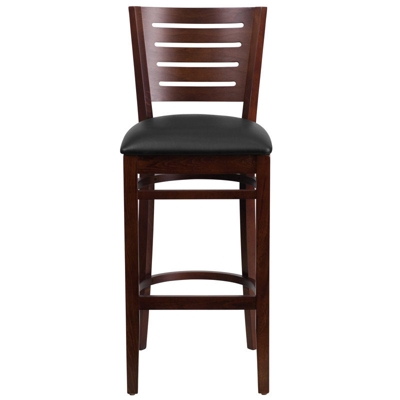 Kadircan Slat Back Wooden Restaurant Barstool, Vinyl-Burgundy, Walnut, 2