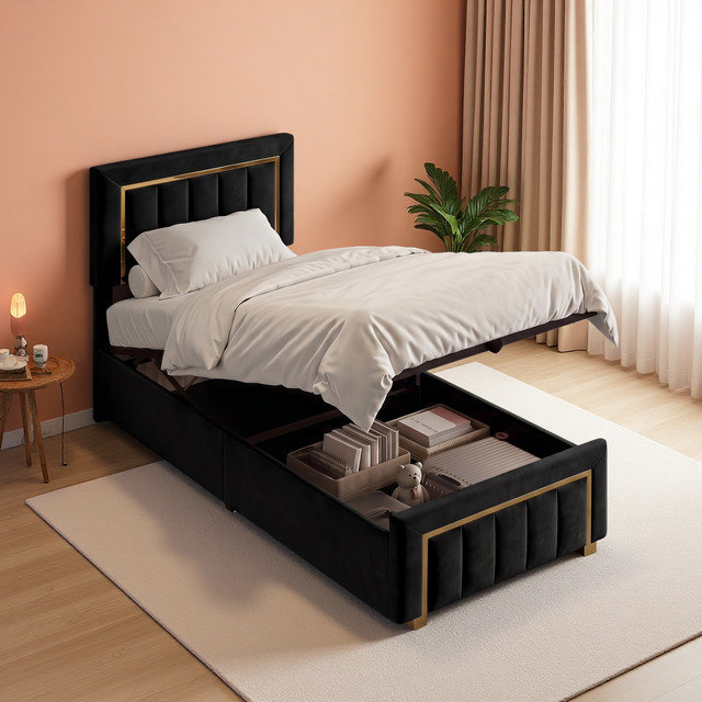 Velvet Upholstered Storage Bed Frame, Kingsize (5'), Black
