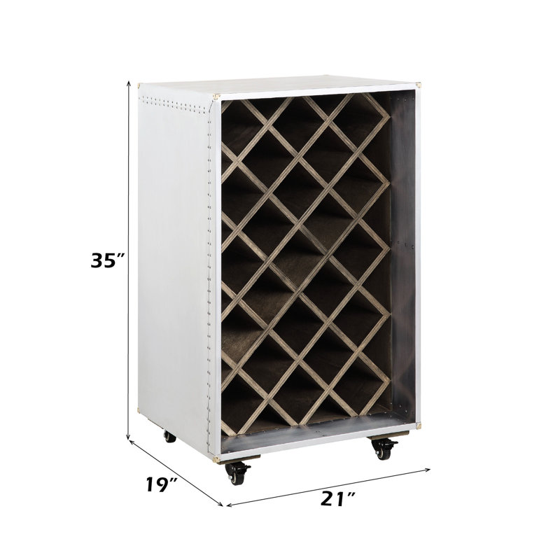 Cave à vin argentée à structure en aluminium patchwork avec 4 roulettes, capacité de rangement de 23 bouteilles, revêtement en bois synthétique, profondeur de 47,6 cm, largeur de 53,2 cm, hauteur de 89,2 cm, couleur principale, profonde et large.