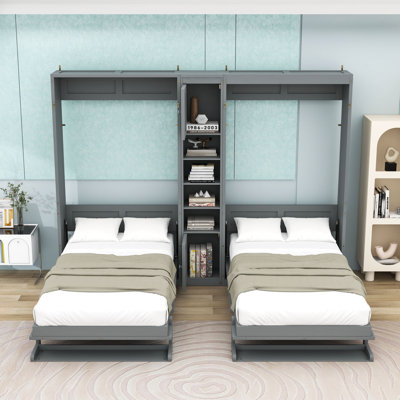 Double lit escamotable mural en bois avec tablettes de rangement, armoires et lattes