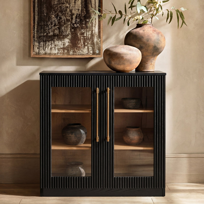Alpena  31" Modern Accent Cabinet with Glass Doors and Brass Handles, Black