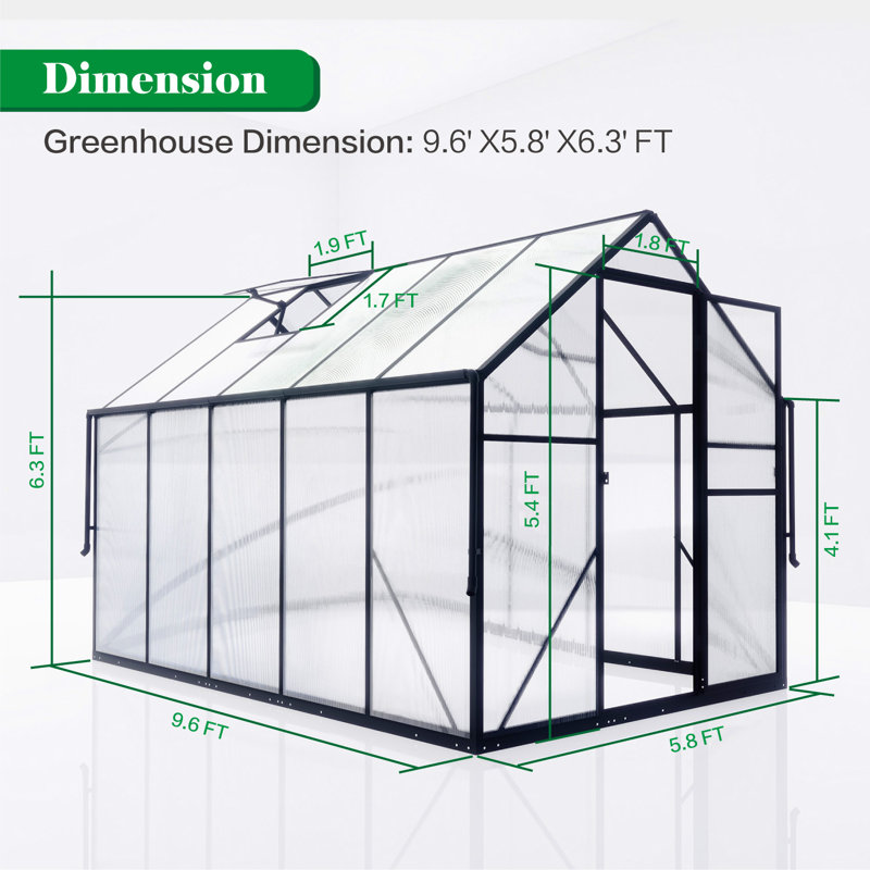 Serre de 6 x 10 pi pour l'extérieur, serre en polycarbonate avec évent de toit réglable et gouttière, grande serre en aluminium avec structure à installation rapide pour patio extérieur