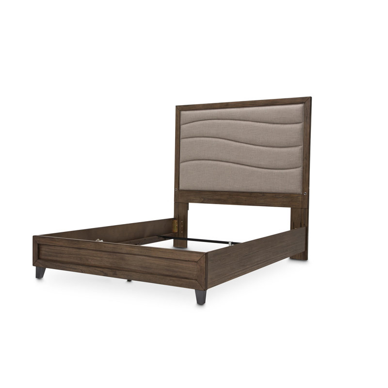 King Dark Brown Acacia Wood Upholstered Bed with Cream Headboard