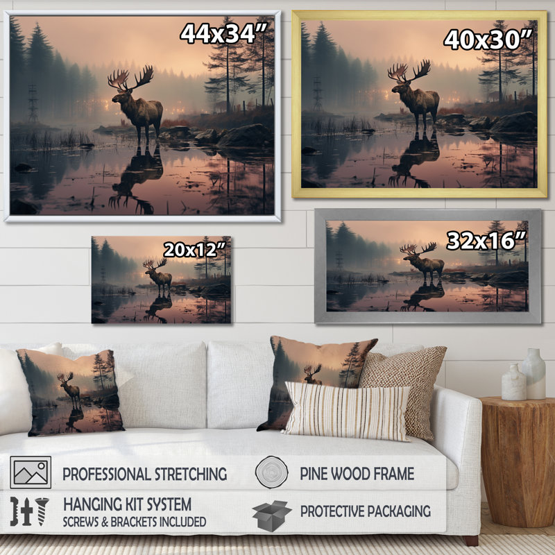 «Brown Peach Moose Misty Morning», reproduction sur toile, Cadre flottant noir, H 24 po x l 32 po x P 1 po