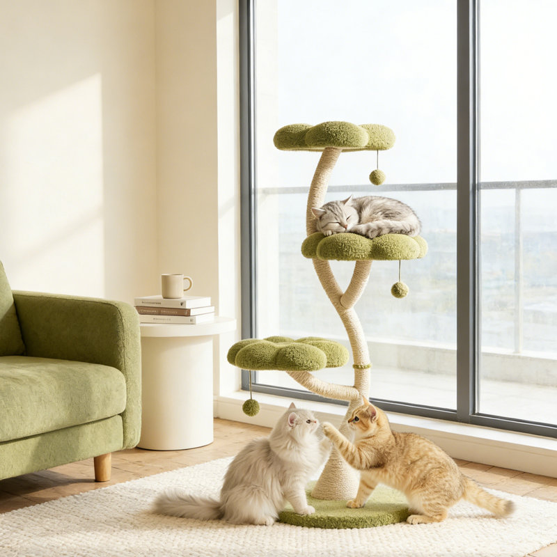 48.4" Modern Floral Cat Tree Tower with Multi-Level Viewing Platforms & Sisal Scratching Posts, Suitable for Cats of All Sizes,Green