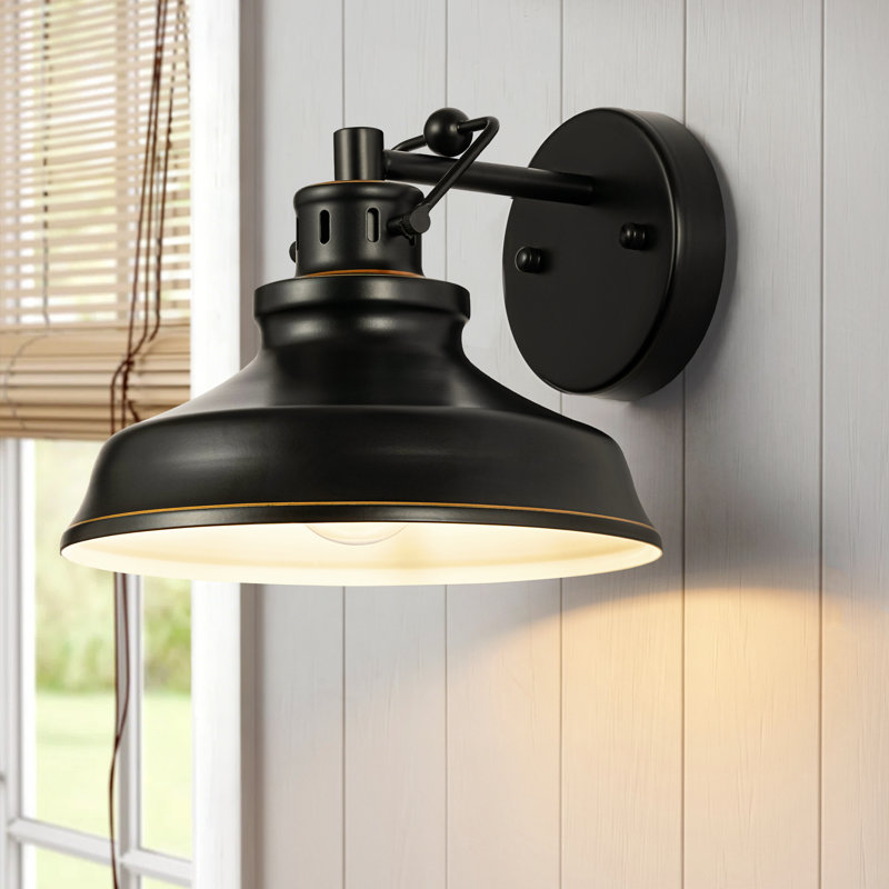 1-Light Modern Farmhouse Vintage Industrial Armed Dome Wall Sconce with Matte Black Shade