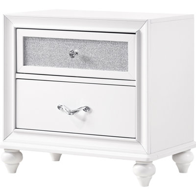 Nightstand With 2 Drawers, White Finish, Faceted Crystal Hardware, Bedroom Eye - Catching Piece, 25.76 Inches High, 16.5 Deep Spacious