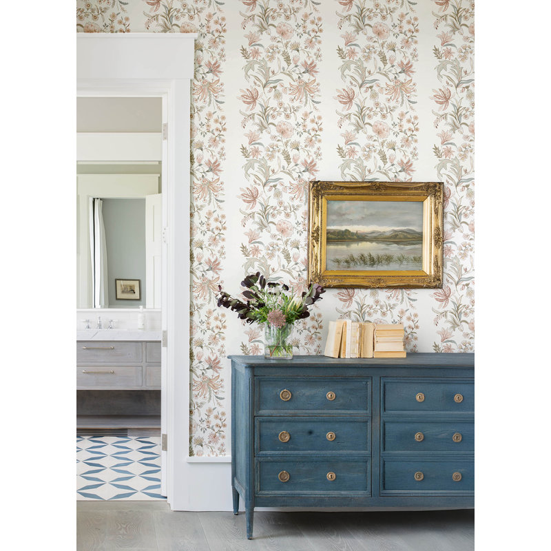 Teonna Light Pink Floral Stripe Wallpaper, Pink