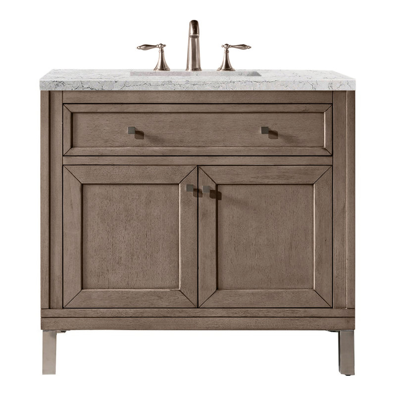 Chicago 36' W Single Vanity, Smokey Celadon, Eternal Jasmine Pearl Quartz, 8" Widespread