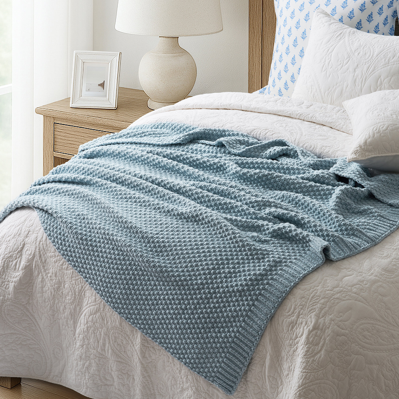 Chunky Chenille Knit Throw Blanket, 80" L x 60" W, Chambray Blue