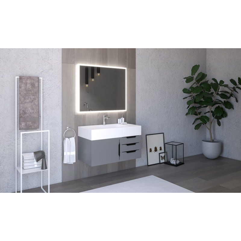 Ensemble de meuble-lavabo simple 36 po avec miroir Modern, gris, Noir, Blanc